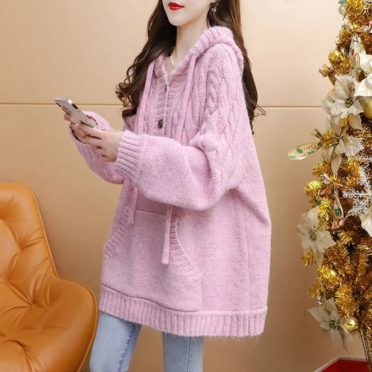 Heavy Industry Twist Idle Style Hooded Mid-length Sweater