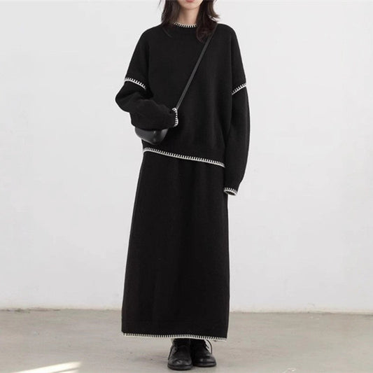 Color-contrasting Stripe Skirt Two-piece Set Idle Style Loose Pullover Sweater Set Women