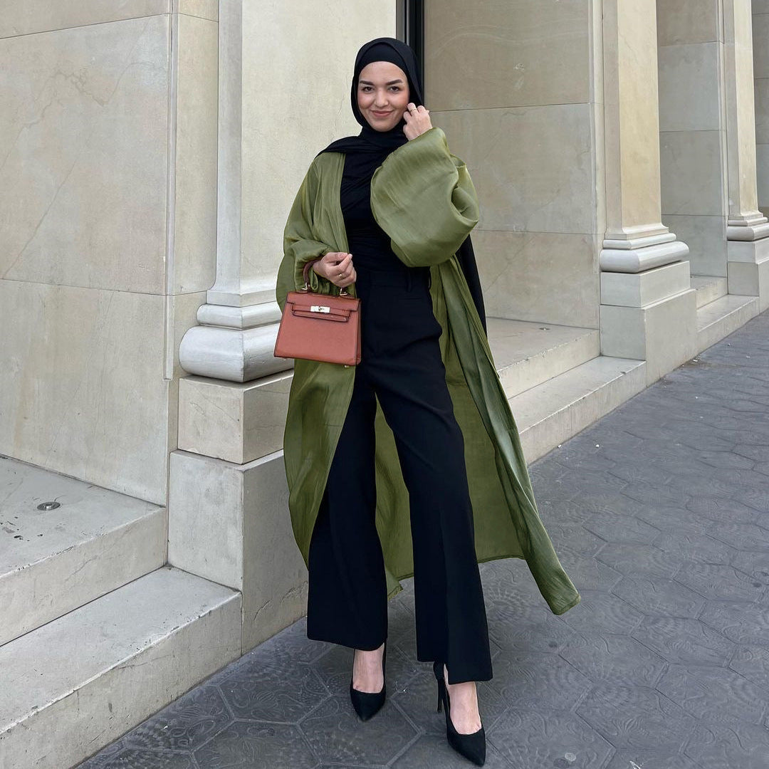 Shiny Satin Puff Sleeve Cardigan Abaya