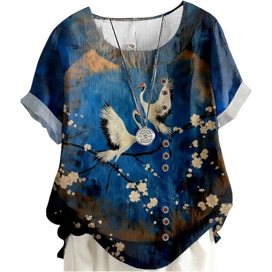 Women's Blue Floral Cotton-Linen Tunic