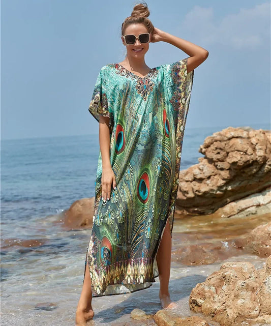 Women's Peacock Print Beach Kaftan