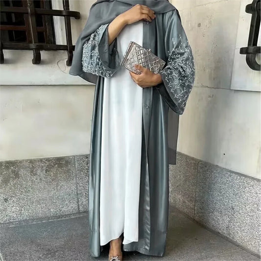 Handmade Beaded Open Abaya with Belt