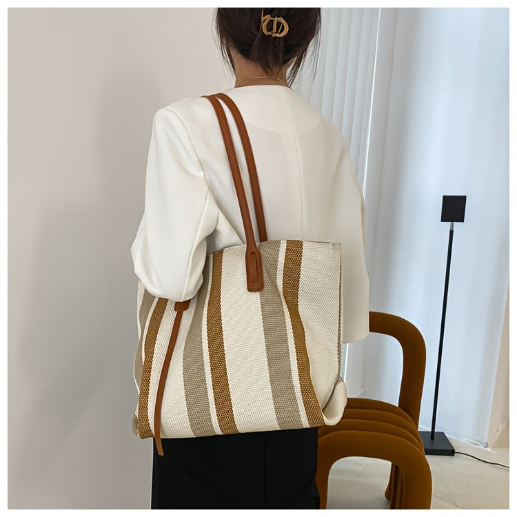 Canvas Striped Crossbody Tote Bag