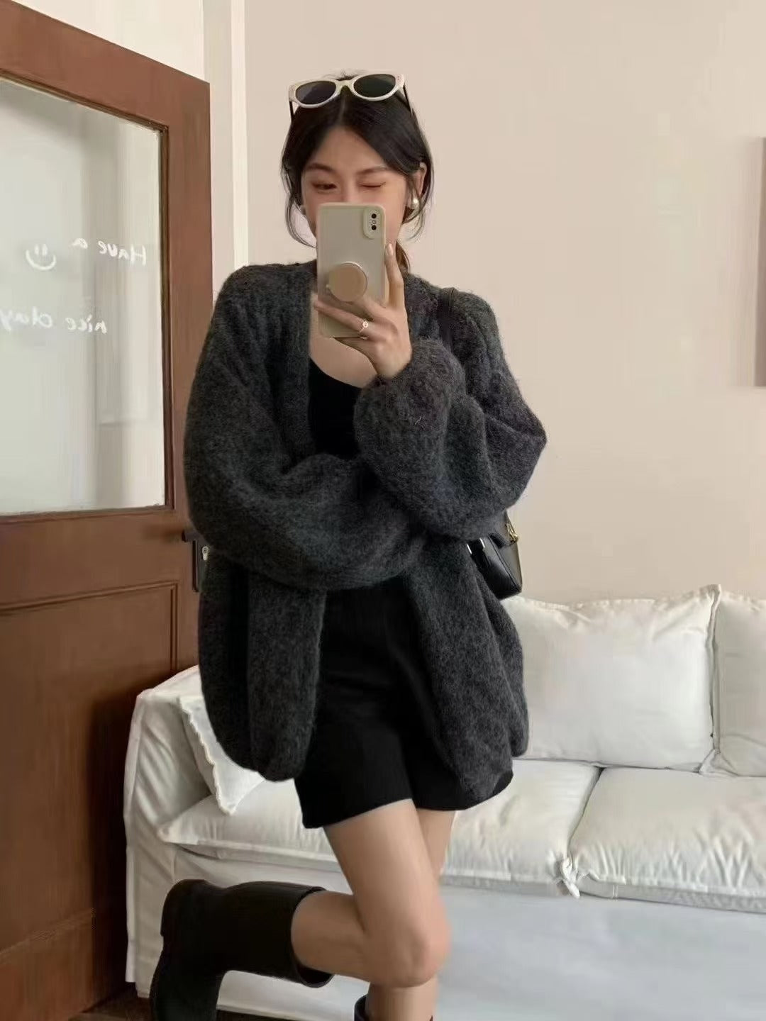 Autumn And Winter Loose Alpaca Fleecefiber Knitted Cardigan