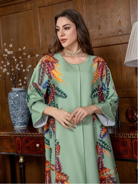 Elegant Floral Print Long Sleeve Abaya Dress