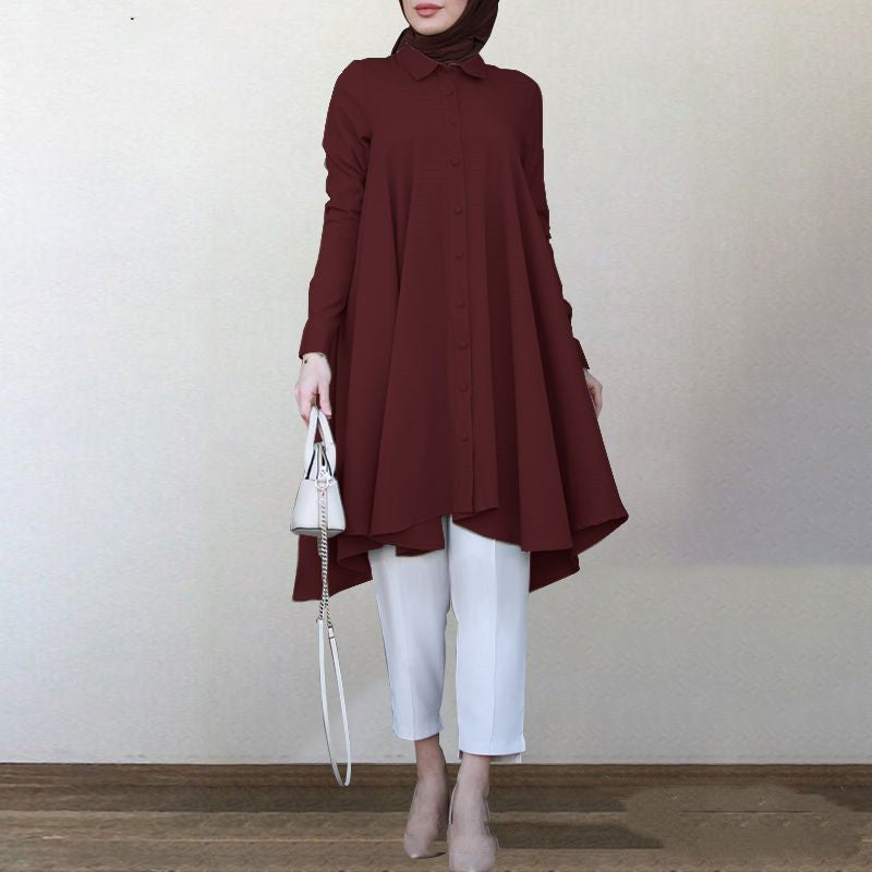 Solid Color Lapel Hem Long-sleeved Shirt