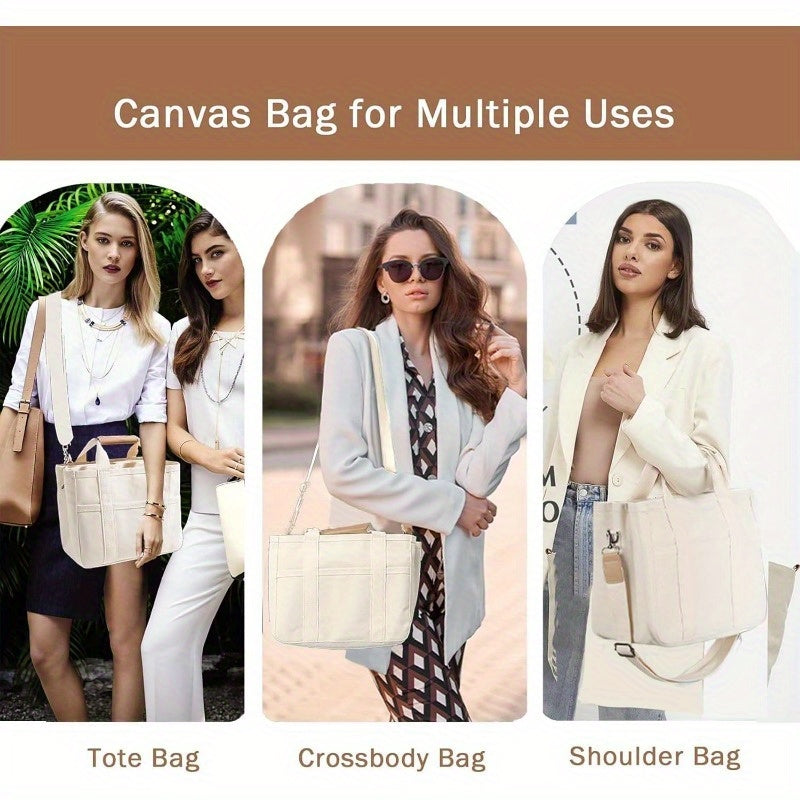 Multi-Pocket Canvas Tote Bag