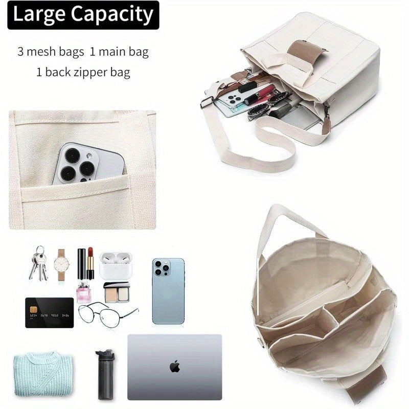 Multi-Pocket Canvas Tote Bag