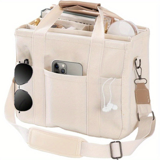Multi-Pocket Canvas Tote Bag