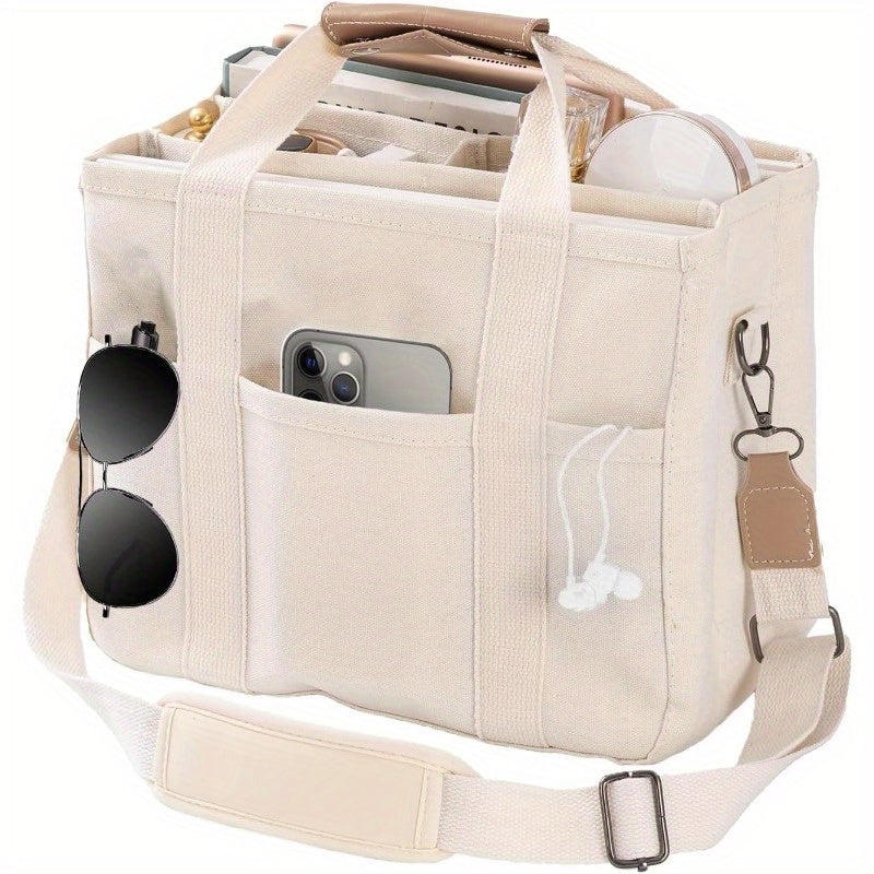 Multi-Pocket Canvas Tote Bag