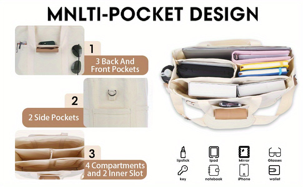 Multi-Pocket Canvas Tote Bag