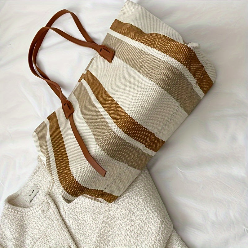 Canvas Striped Crossbody Tote Bag