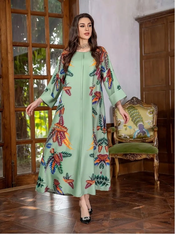 Elegant Floral Print Long Sleeve Abaya Dress