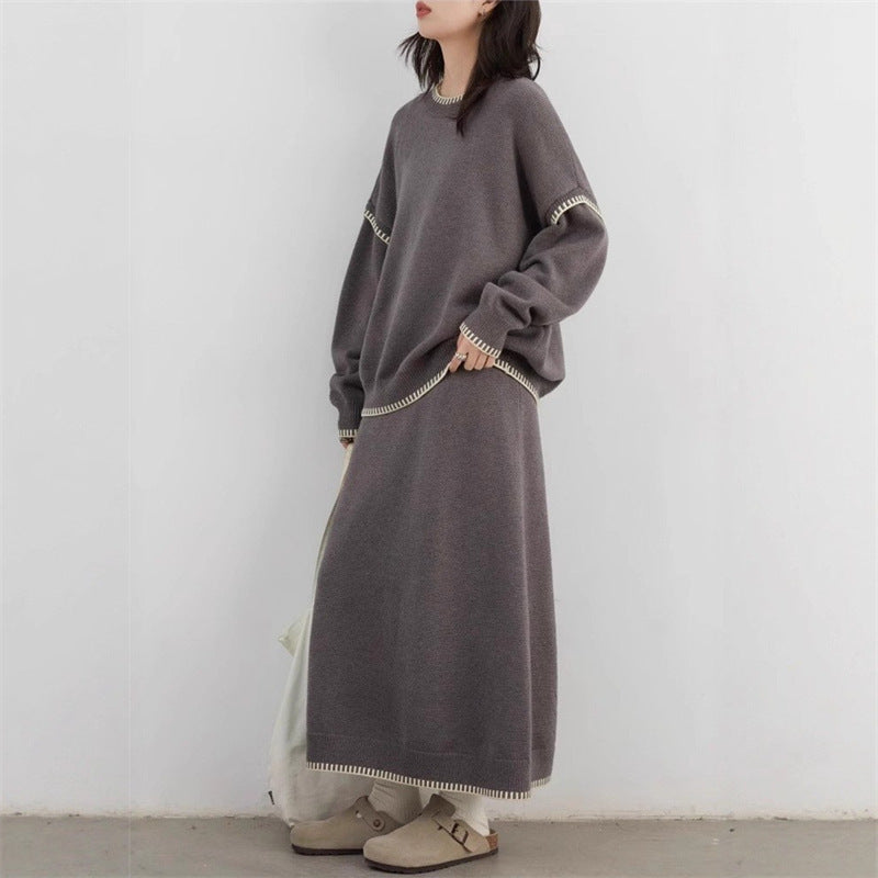 Color-contrasting Stripe Skirt Two-piece Set Idle Style Loose Pullover Sweater Set Women