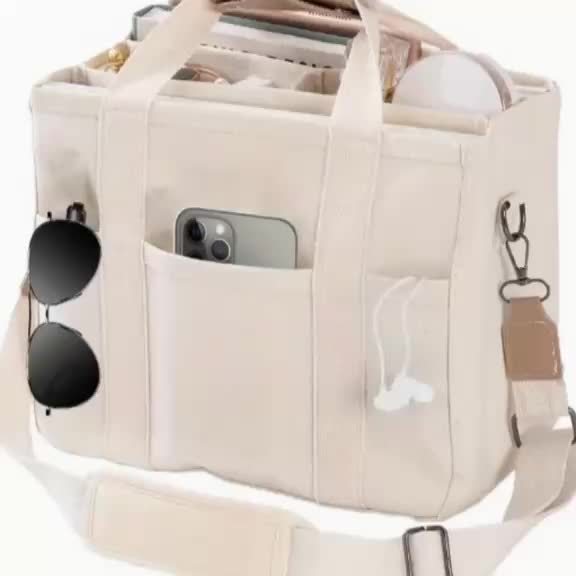 Multi-Pocket Canvas Tote Bag