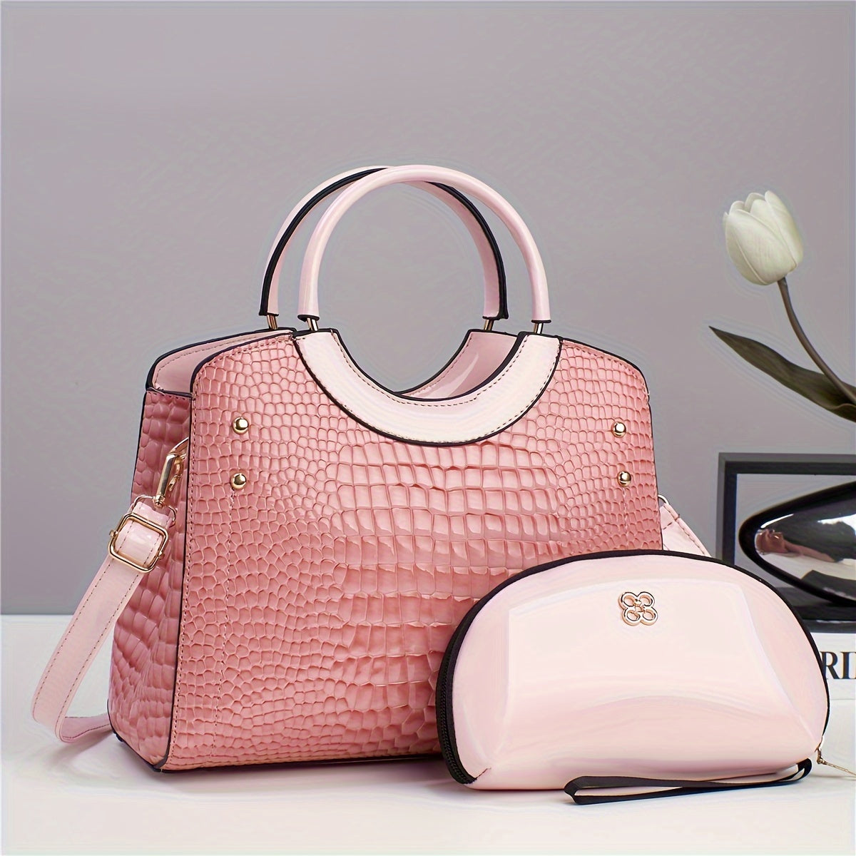 Luxury PU Leather Handbag & Clutch Set