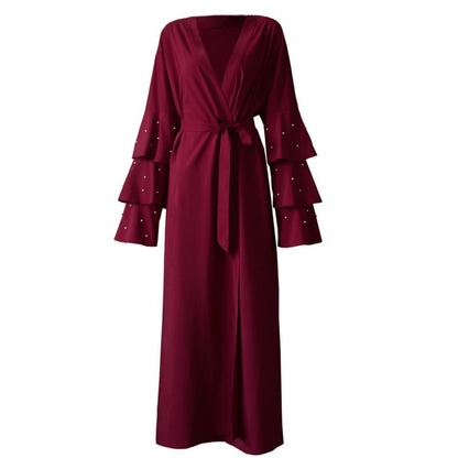 Fashion Bead Flare Sleeve Tie-neck Cardigan