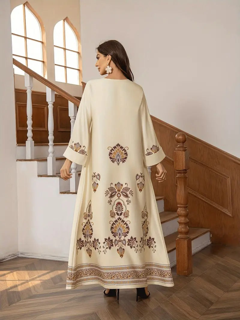 Elegant Floral Printed Abaya Middle Eastern Clothing For Women