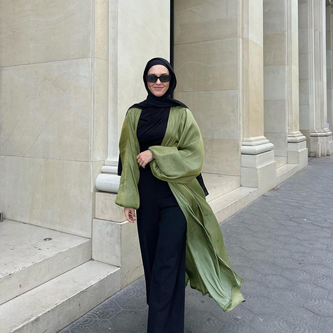 Shiny Satin Puff Sleeve Cardigan Abaya