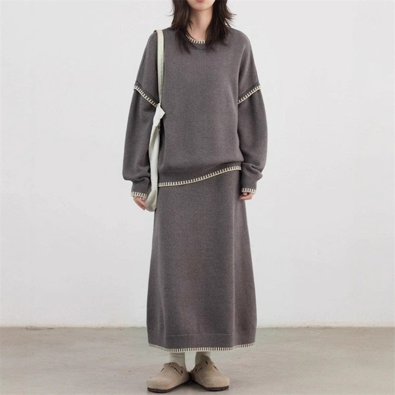 Color-contrasting Stripe Skirt Two-piece Set Idle Style Loose Pullover Sweater Set Women