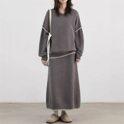 Color-contrasting Stripe Skirt Two-piece Set Idle Style Loose Pullover Sweater Set Women