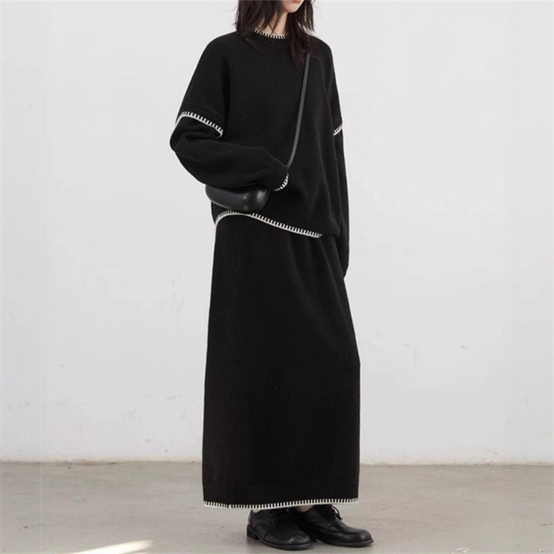 Color-contrasting Stripe Skirt Two-piece Set Idle Style Loose Pullover Sweater Set Women