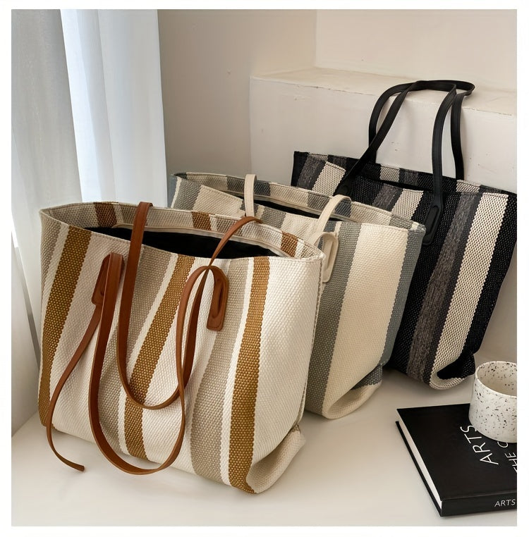 Canvas Striped Crossbody Tote Bag