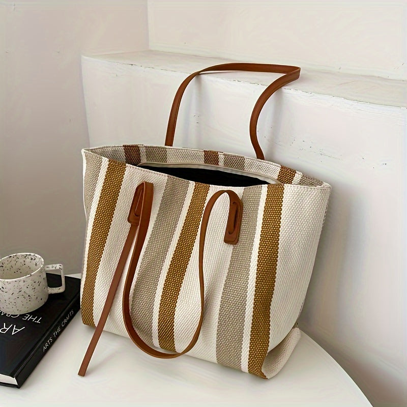 Canvas Striped Crossbody Tote Bag