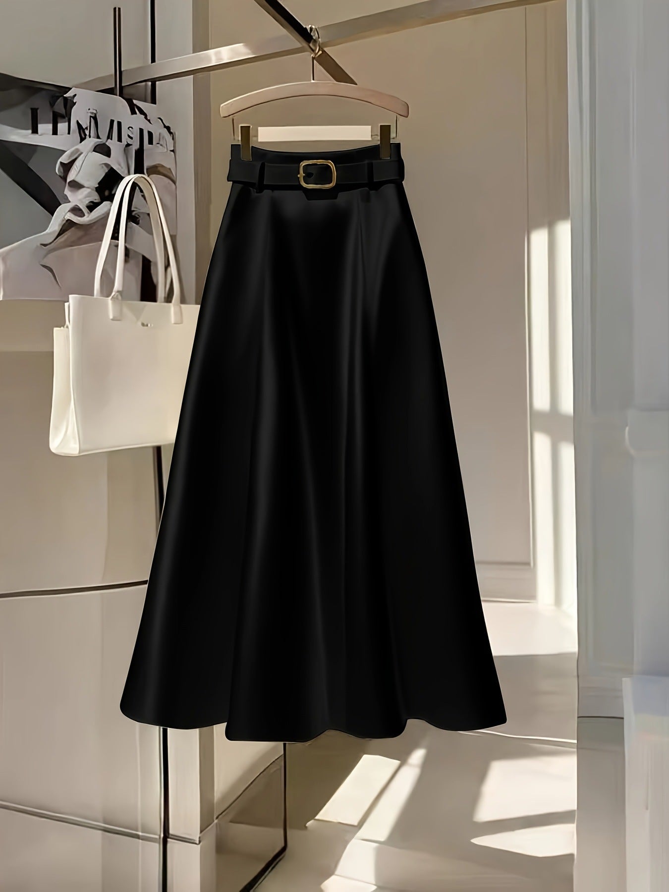 Elegant Solid Color A Line Skirt Smooth Satin Finish Flared