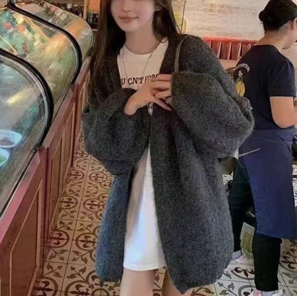 Autumn And Winter Loose Alpaca Fleecefiber Knitted Cardigan