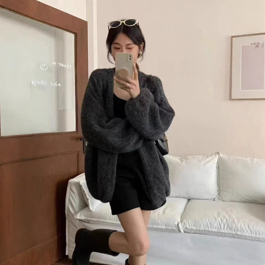 Autumn And Winter Loose Alpaca Fleecefiber Knitted Cardigan