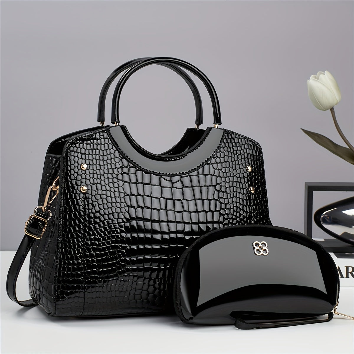 Luxury PU Leather Handbag & Clutch Set