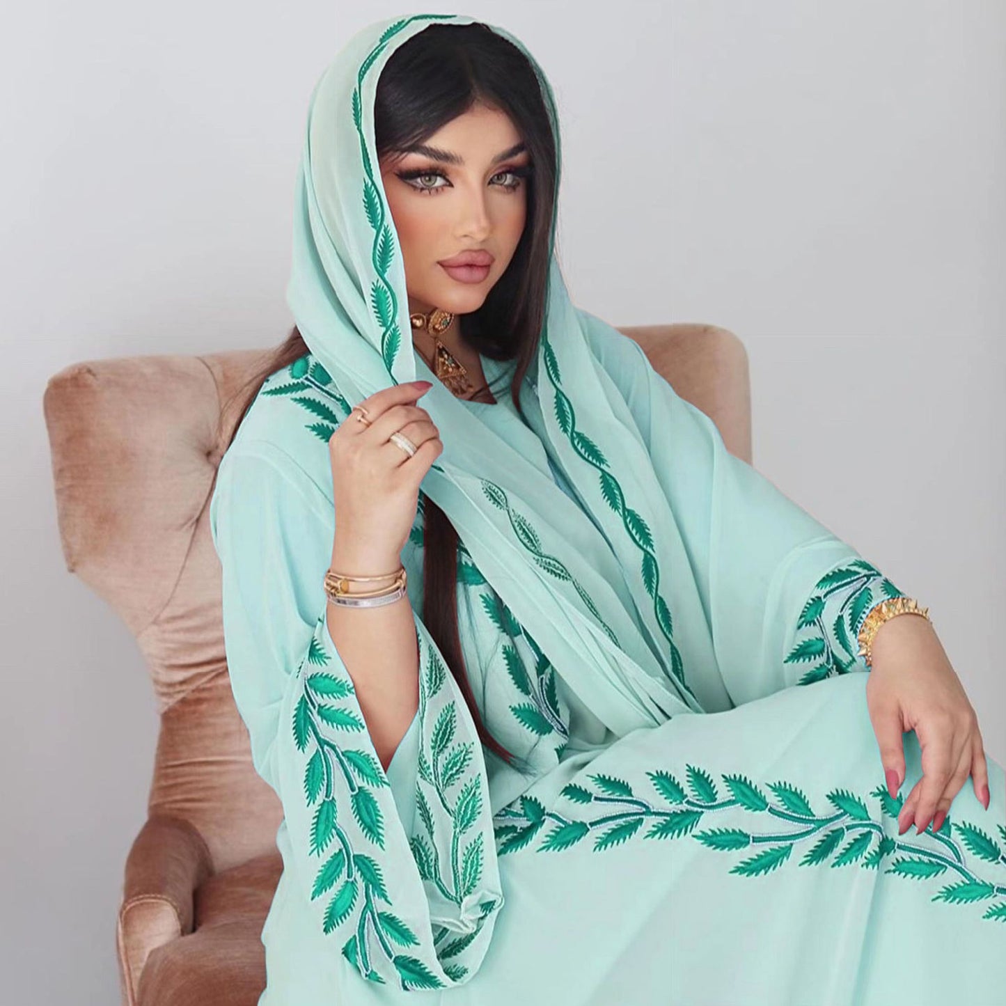 Women's Embroidered Abaya Dress with Scarf