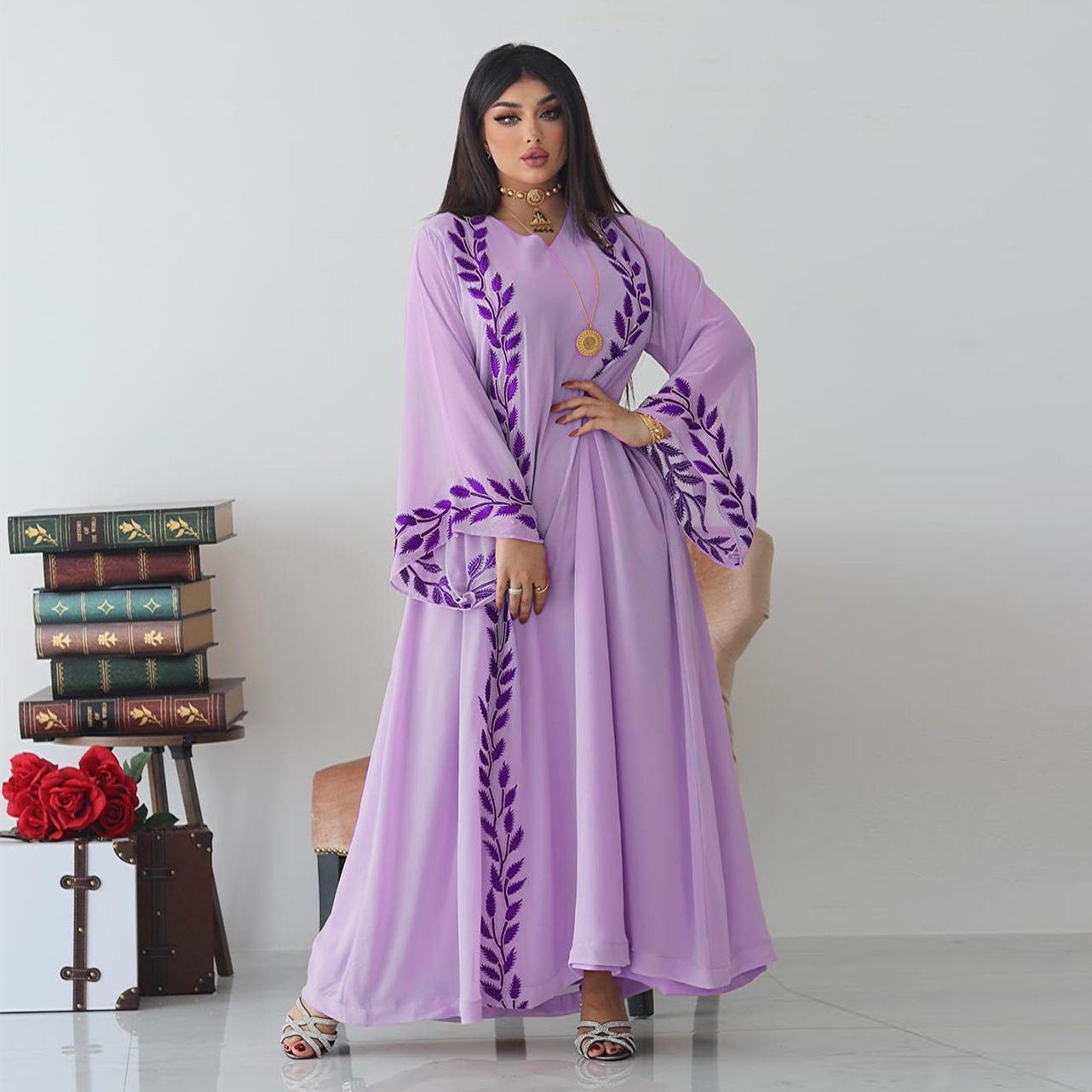 Women's Embroidered Abaya Dress with Scarf