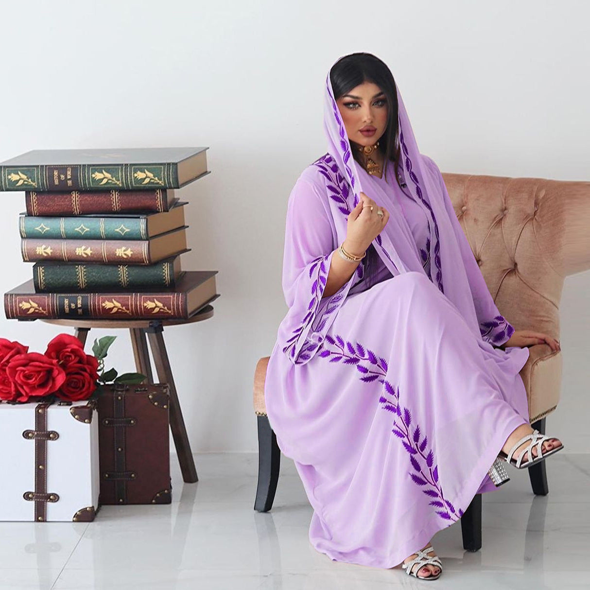 Women's Embroidered Abaya Dress with Scarf