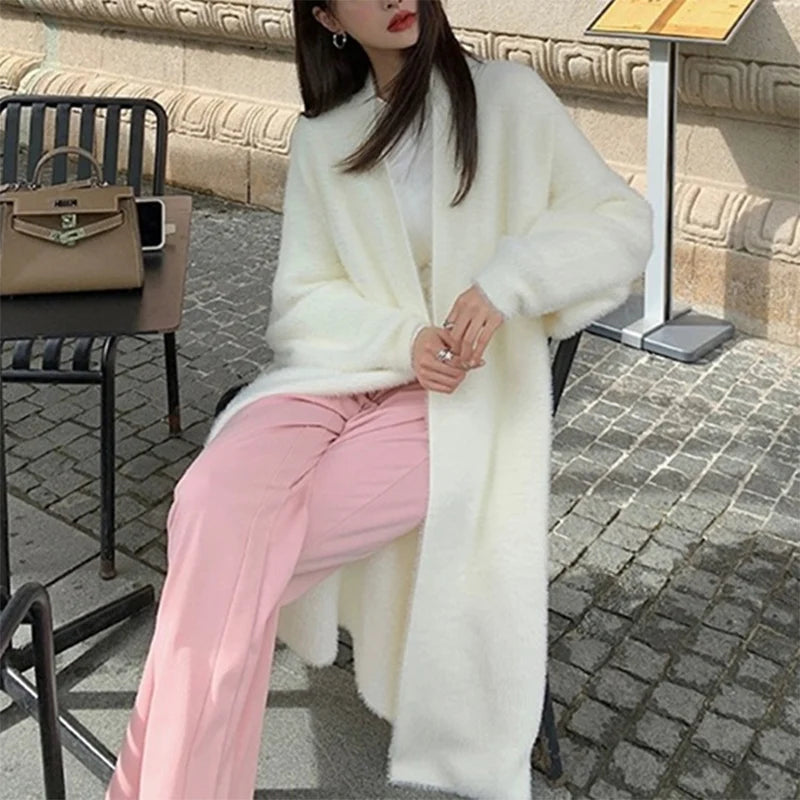 Women's Faux Mink V-Neck Long Cardigan Coat