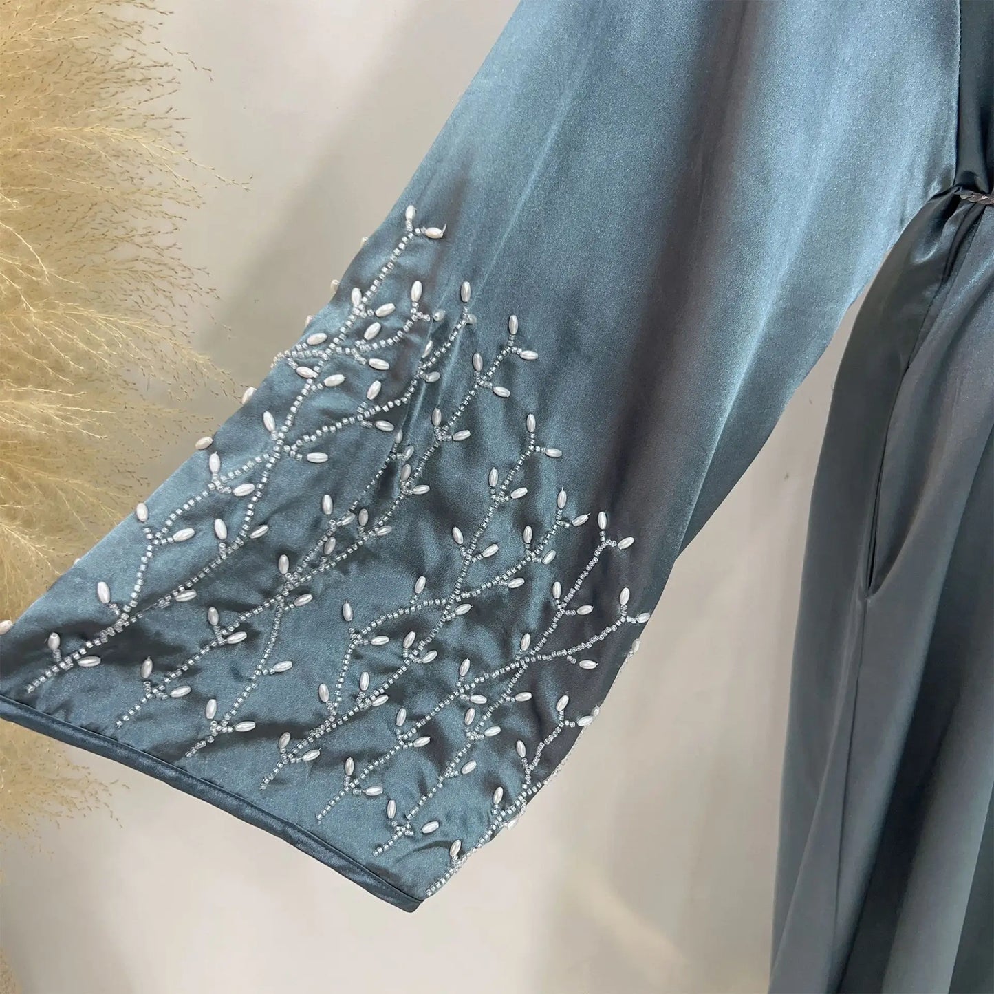 Handmade Beaded Open Abaya with Belt