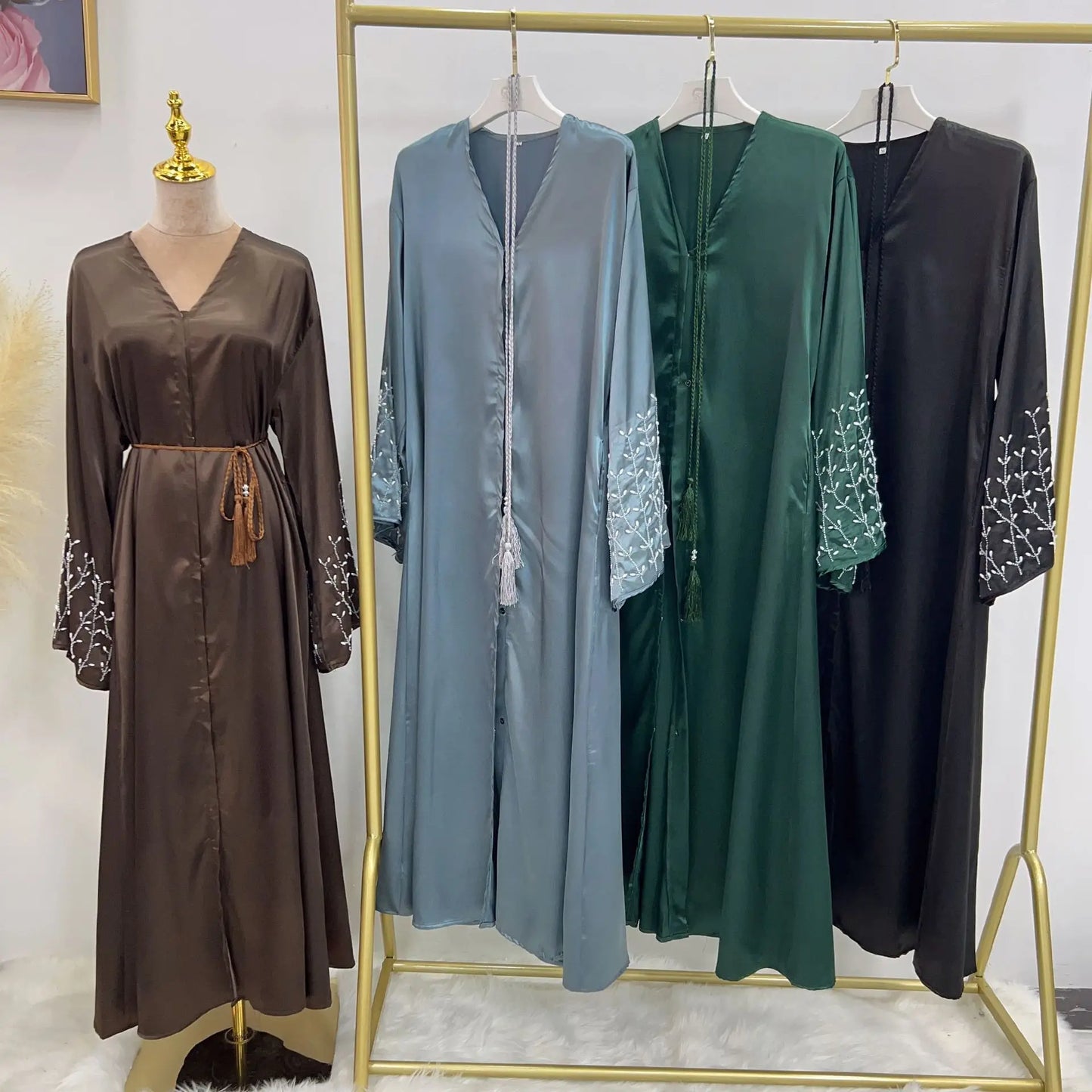 Handmade Beaded Open Abaya with Belt