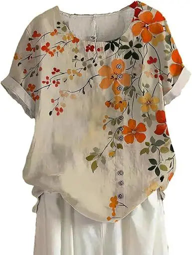 Women's Blue Floral Cotton-Linen Tunic