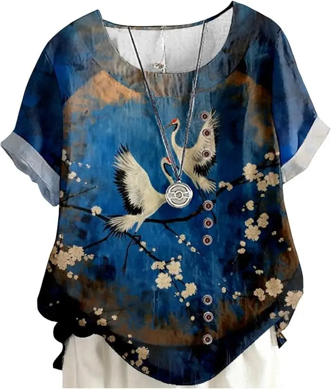 Women's Blue Floral Cotton-Linen Tunic