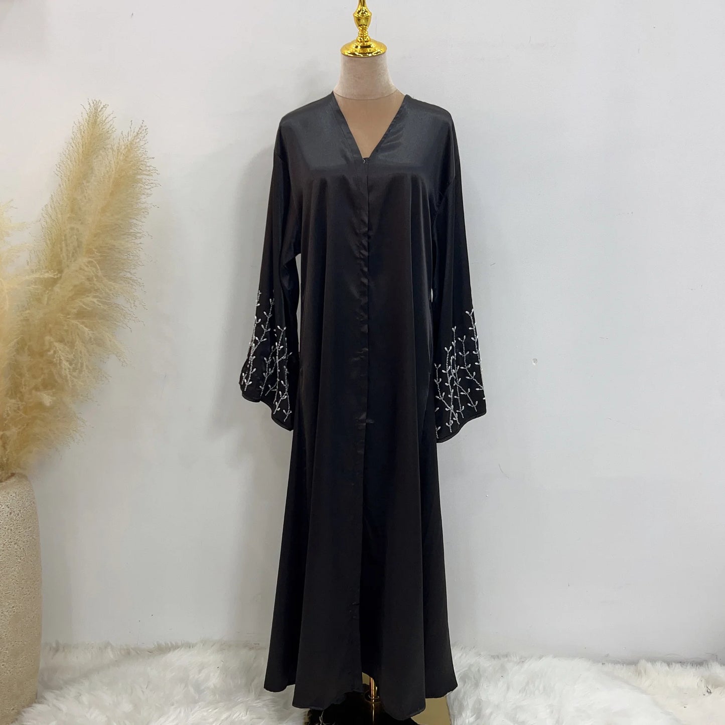 Handmade Beaded Open Abaya with Belt