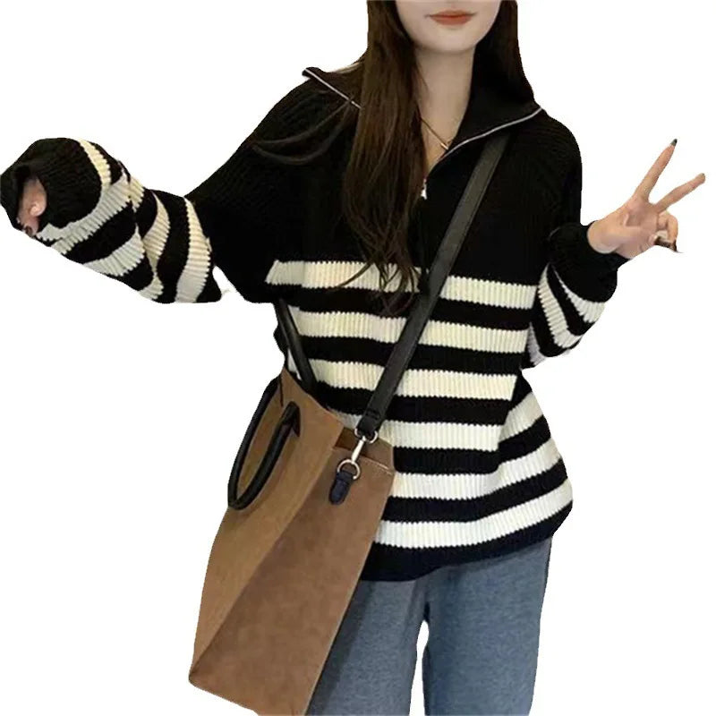 Women's Striped Half-Zip Turtleneck Sweater
