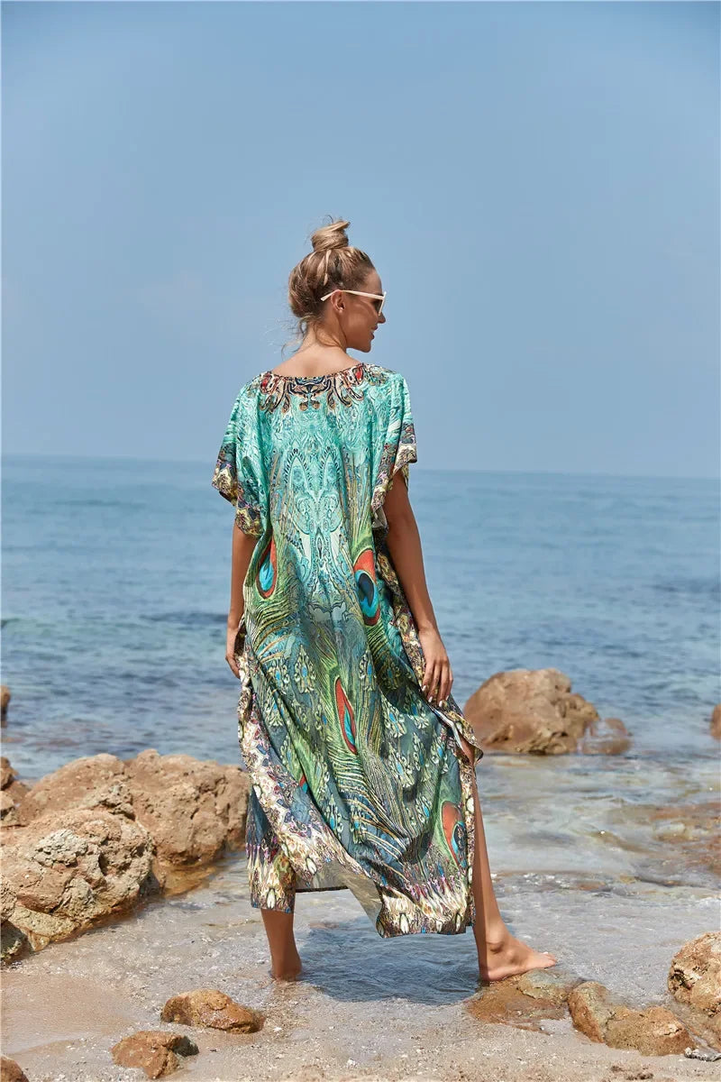 Women's Peacock Print Beach Kaftan