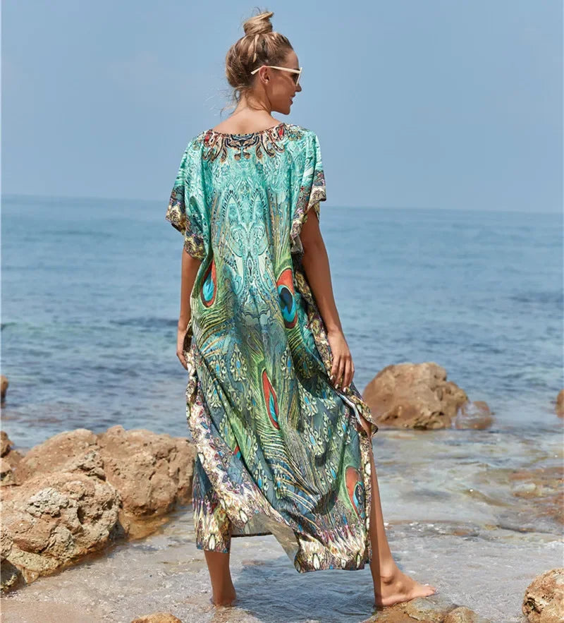 Women's Peacock Print Beach Kaftan