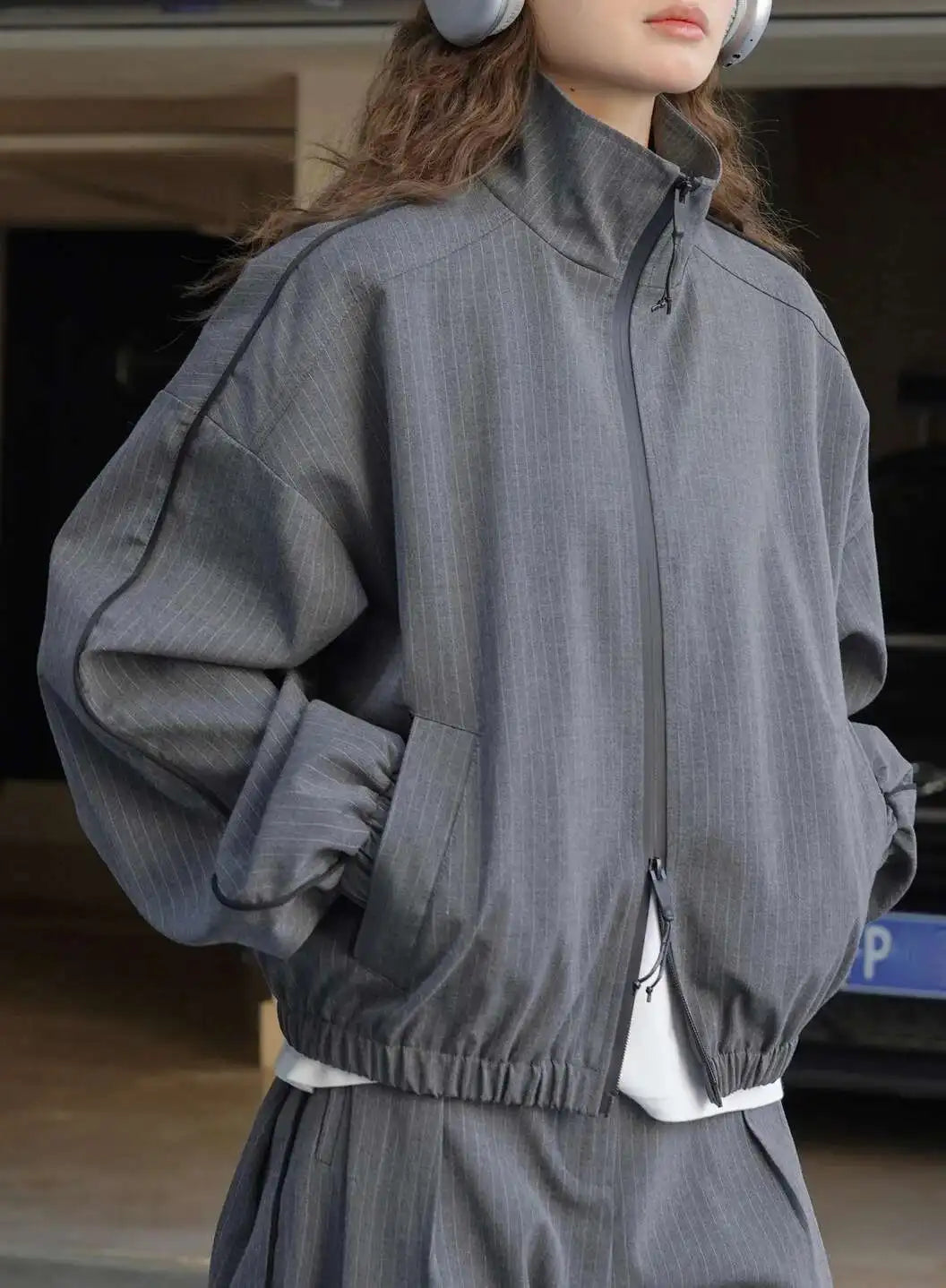 Women's Designer Striped Stand-Neck Jacket