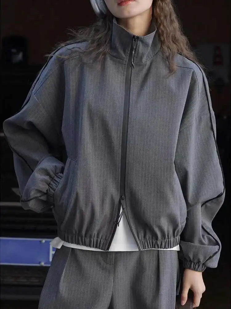 Women's Designer Striped Stand-Neck Jacket