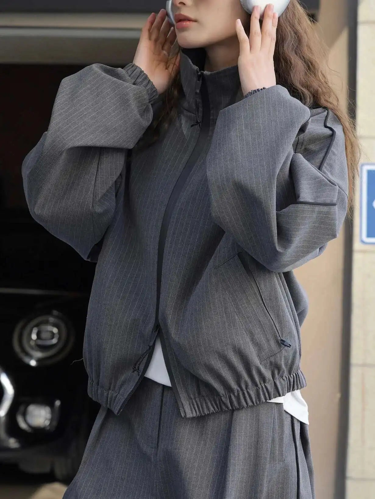 Women's Designer Striped Stand-Neck Jacket