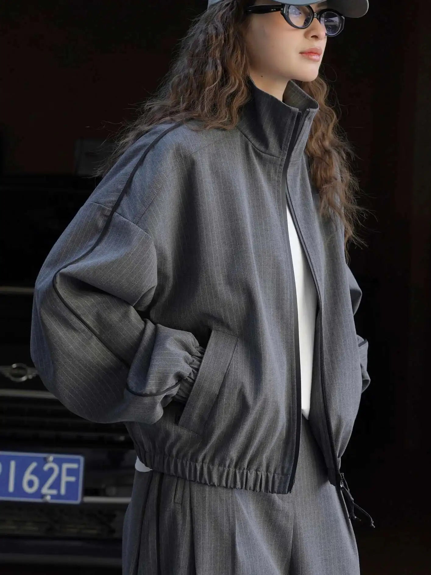 Women's Designer Striped Stand-Neck Jacket