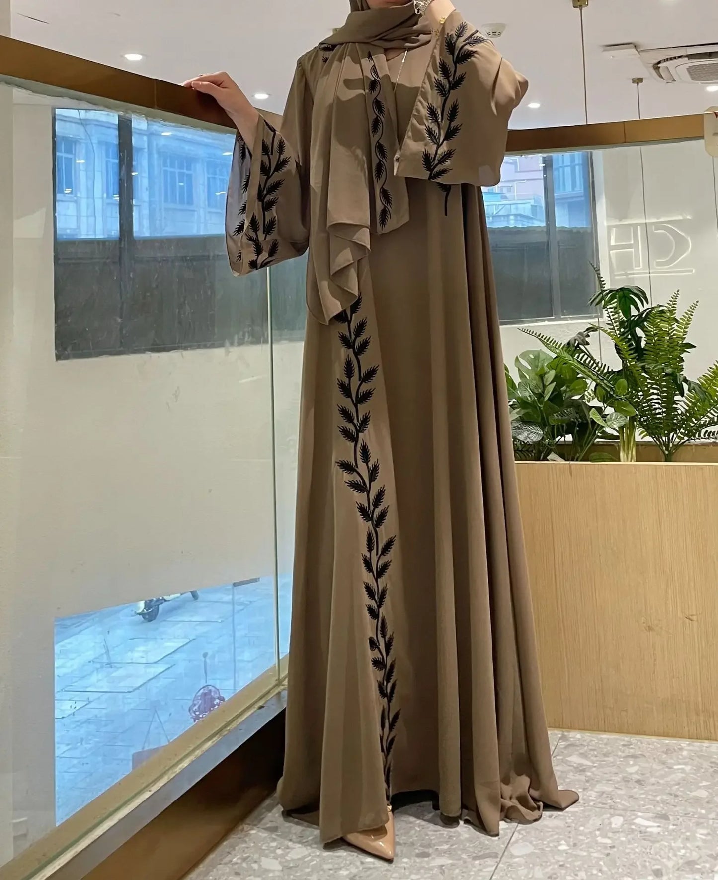 Women's Embroidered Abaya Dress with Scarf