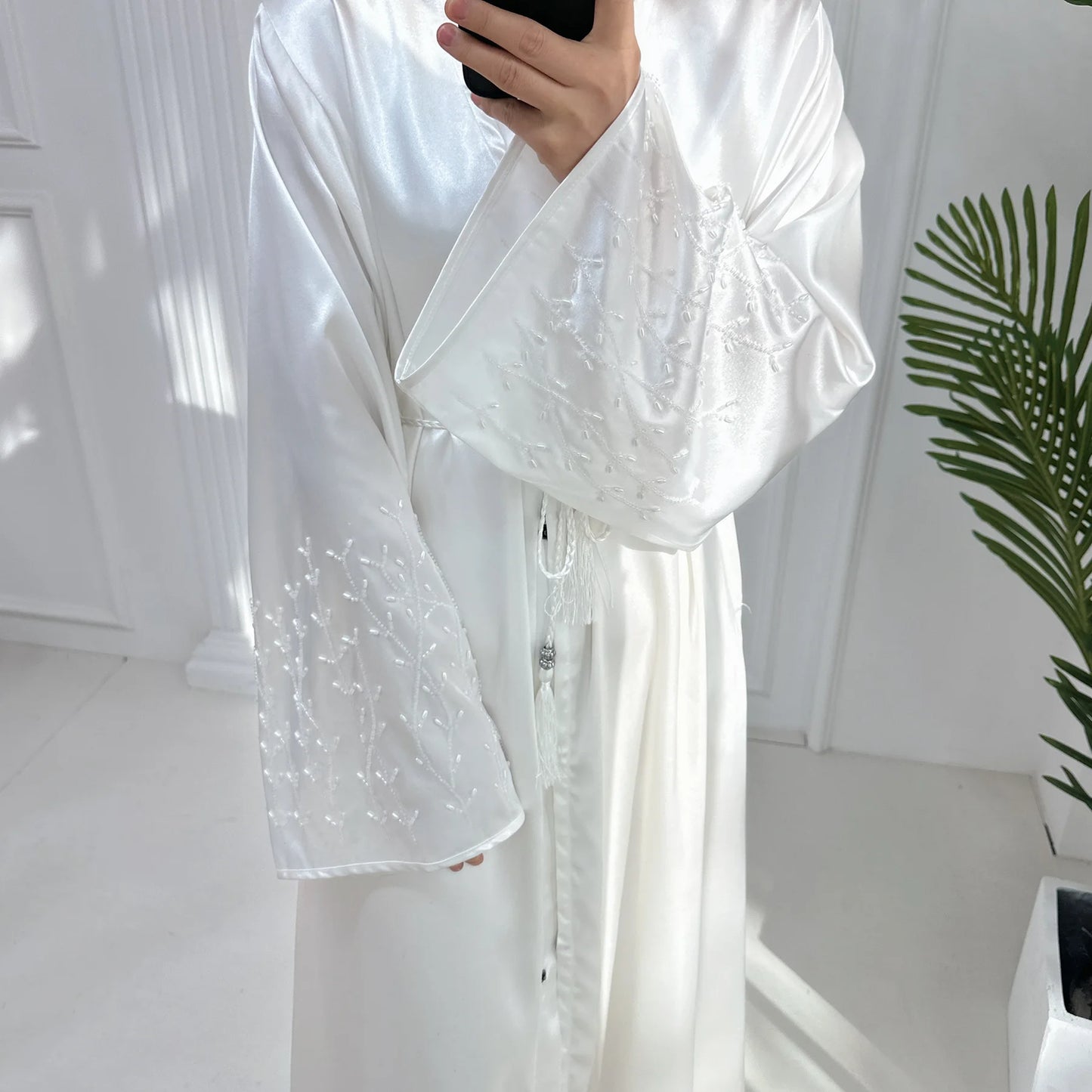 Handmade Beaded Open Abaya with Belt
